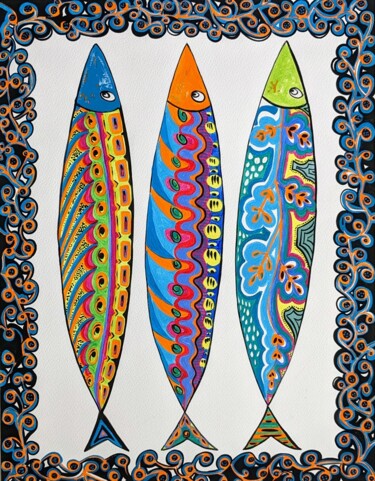 Painting titled "3 sardines couleurs" by Anne Cabon, Original Artwork, Acrylic