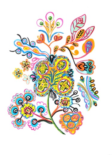绘画 标题为“fleurs naïves 01” 由Anne Cabon, 原创艺术品, 丙烯