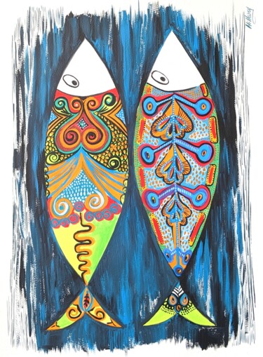 Malerei mit dem Titel "sardine sur papier 4" von Anne Cabon, Original-Kunstwerk, Acryl