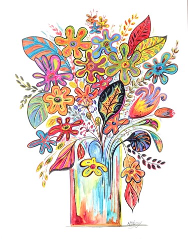 Картина под названием "fleurs naïves 03" - Anne Cabon, Подлинное произведение искусства, Акрил