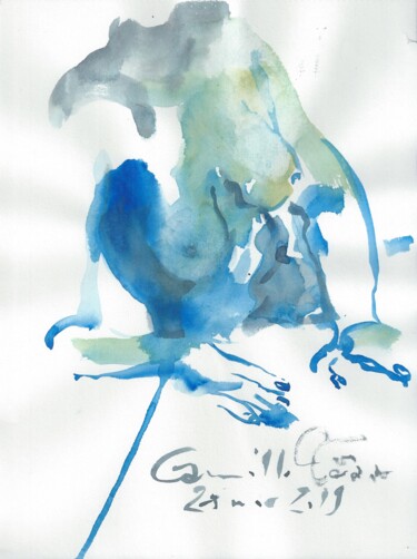 Рисунок под названием "Nu 27 - Nu bleu" - Anne Cardot, Подлинное произведение искусства, Акварель