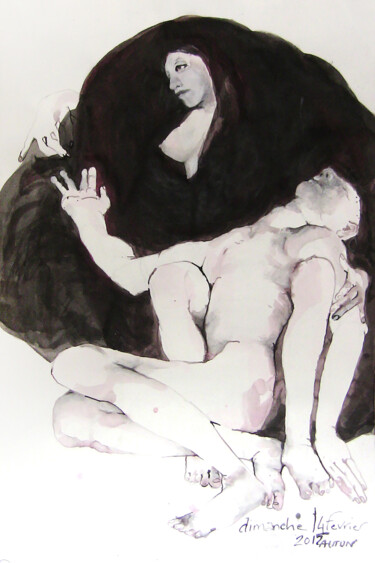 Drawing titled "Pietà" by Anne Cardot, Original Artwork, Ink