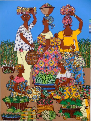 Schilderij getiteld "marché d'Afrique 3-…" door Anne-Catherine Levieux (Nuances de Gouaches), Origineel Kunstwerk, Gouache