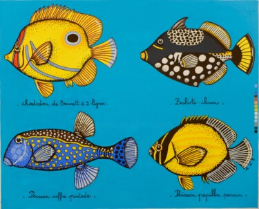 「4 poissons du lagon…」というタイトルの絵画 Anne-Catherine Levieux (Nuances de Gouaches)によって, オリジナルのアートワーク, グワッシュ水彩画