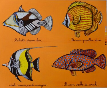 Malerei mit dem Titel "Quatre poissons du…" von Anne-Catherine Levieux (Nuances de Gouaches), Original-Kunstwerk, Gouache