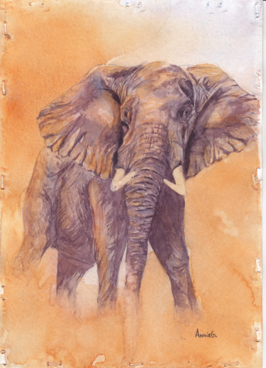 Painting titled "Charging Elephant" by Anniegc, Original Artwork, Watercolor
