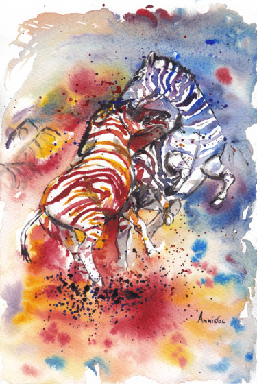 Painting titled "Zebra Stallion Batt…" by Anniegc, Original Artwork, Watercolor