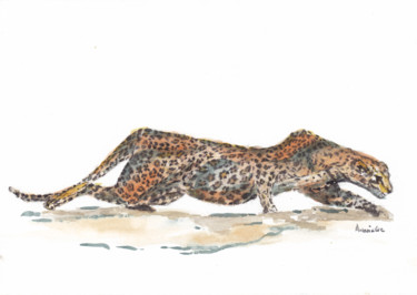 Painting titled "Stalking Leopard" by Anniegc, Original Artwork, Watercolor
