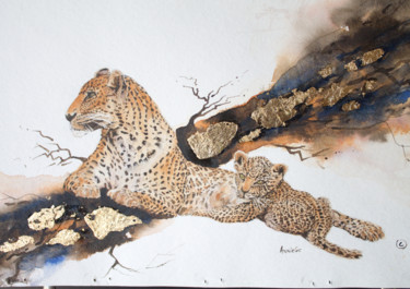 Schilderij getiteld "Leopard with cub" door Anniegc, Origineel Kunstwerk