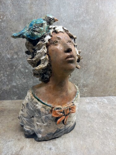 Sculpture titled "Buste mélancolique…" by Anne Daucourt, Original Artwork, Ceramics