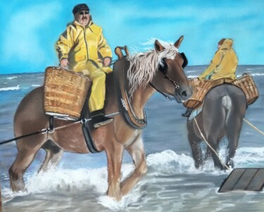 Pintura intitulada "Les pêcheurs de cre…" por Anne Degremont, Obras de arte originais, Pastel