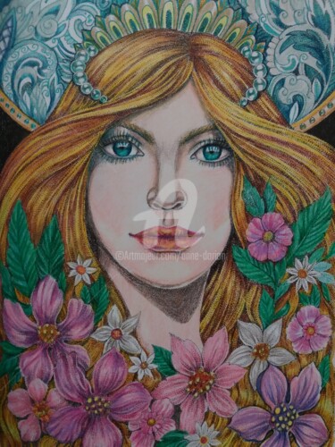 Zeichnungen mit dem Titel "Queen of flowers" von Anne D'Orion, Original-Kunstwerk, Bleistift