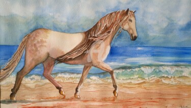 Painting titled "Trot sur la plage" by Anne D'Orion, Original Artwork, Watercolor