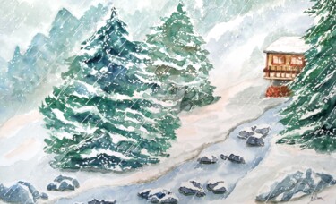 Malerei mit dem Titel "Chalet en montagne" von Anne D'Orion, Original-Kunstwerk, Aquarell