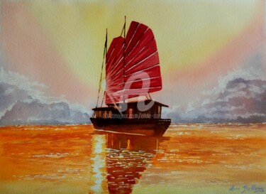 Peinture intitulée "Jonque sur mer d'hu…" par Anne D'Orion, Œuvre d'art originale, Aquarelle