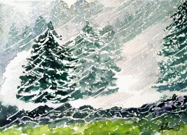Painting titled "Chute de neige sur…" by Anne D'Orion, Original Artwork, Watercolor