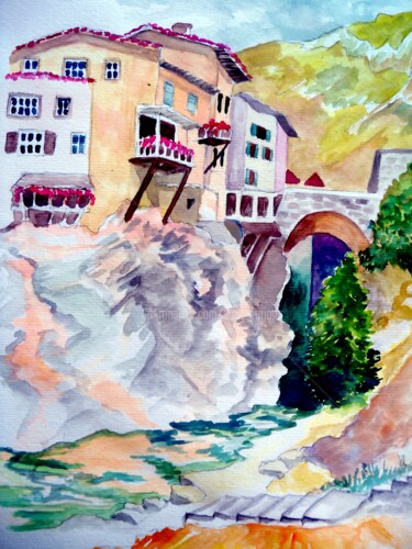 Painting titled "Pont en Royans revi…" by Anne D'Orion, Original Artwork, Watercolor