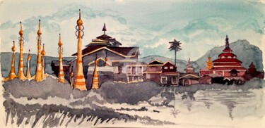 Schilderij getiteld "Myanmar et ses temp…" door Anne D'Orion, Origineel Kunstwerk, Aquarel