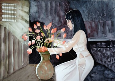 Peinture intitulée "Vietnamienne aux lo…" par Anne D'Orion, Œuvre d'art originale, Aquarelle