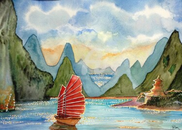 Painting titled "Jonque à la Baie d'…" by Anne D'Orion, Original Artwork, Watercolor