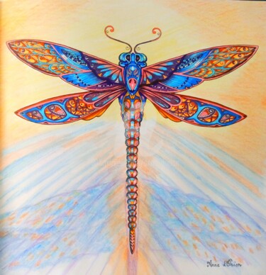 Disegno intitolato "Majestueuse libellu…" da Anne D'Orion, Opera d'arte originale, Pennarello
