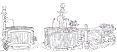 Dessin intitulée "Deux fontaines de S…" par Anne D'Orion, Œuvre d'art originale, Encre