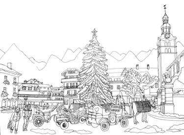 Megève et ses calèches Dessin intitulée "Megève et ses calèc…" par Anne D'Orion, Œuvre d'art originale, Encre