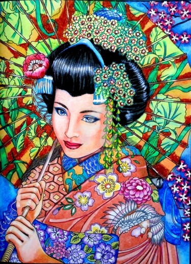 Dessin intitulée "L'ombrelle japonaise" par Anne D'Orion, Œuvre d'art originale, Pastel