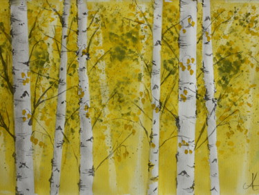 Pintura intitulada "Bouleaux jaunes" por Anne Fayet-Massat, Obras de arte originais, Aquarela