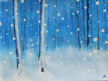 Peinture intitulée "Forêt bleue et gros…" par Anne Fayet-Massat, Œuvre d'art originale, Aquarelle