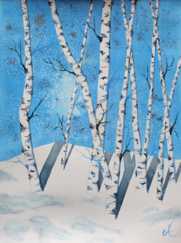 Pintura intitulada "Forêt de bouleaux s…" por Anne Fayet-Massat, Obras de arte originais, Aquarela