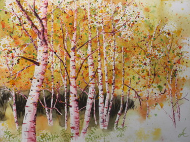 Peinture intitulée "Forêt de bouleaux r…" par Anne Fayet-Massat, Œuvre d'art originale, Aquarelle