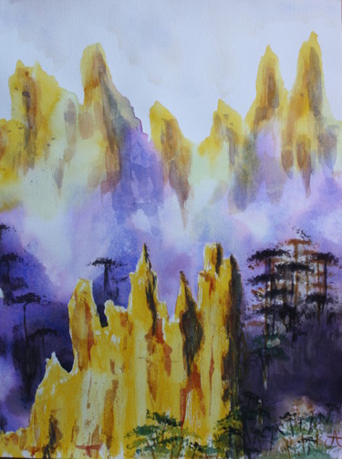 Peinture intitulée "Montagnes jaune en…" par Anne Fayet-Massat, Œuvre d'art originale, Aquarelle