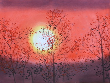 Pintura intitulada "Arbres rouges au so…" por Anne Fayet-Massat, Obras de arte originais, Aquarela