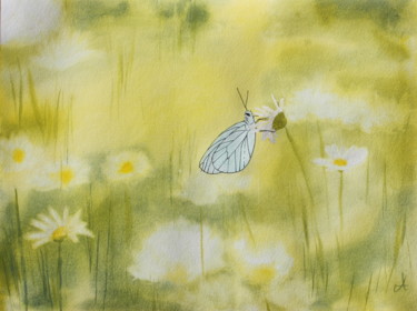 Painting titled "Papillon sur margue…" by Anne Fayet-Massat, Original Artwork, Watercolor