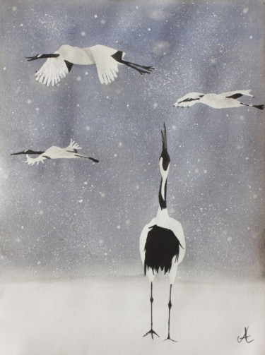 Painting titled "Grues du japon sous…" by Anne Fayet-Massat, Original Artwork, Watercolor