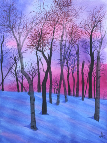 Peinture intitulée "Forêt ciel rose" par Anne Fayet-Massat, Œuvre d'art originale, Aquarelle