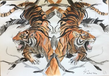 Peinture intitulée "Tigre dans un miroir" par Anne Fortoul, Œuvre d'art originale, Aquarelle