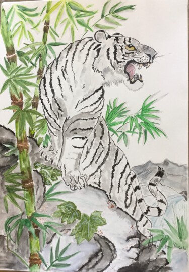 Peinture intitulée "Tigre blanc" par Anne Fortoul, Œuvre d'art originale, Aquarelle