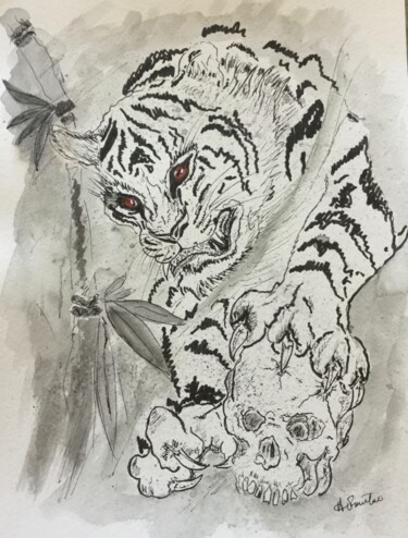 Peinture intitulée "Tigre blanc et crâne" par Anne Fortoul, Œuvre d'art originale, Aquarelle