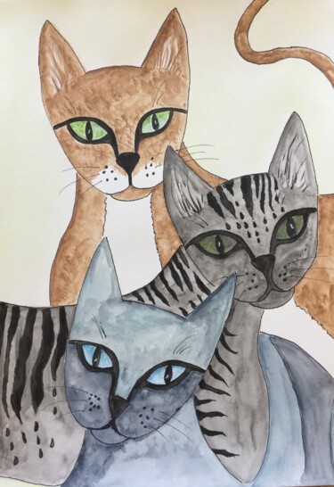 Peinture intitulée "Trios de chats" par Anne Fortoul, Œuvre d'art originale, Aquarelle