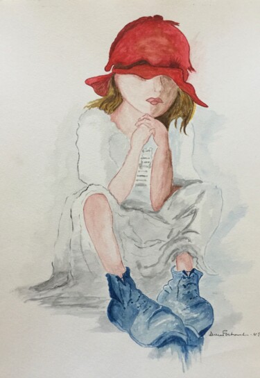 Painting titled "Petite fille au cha…" by Anne Fortoul, Original Artwork, Watercolor