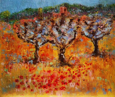 Painting titled "Le Mas Provençal" by Anne Gobin, Original Artwork, Acrylic Mounted on Wood Stretcher frame