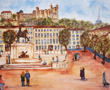 Painting titled "Place Bellecour" by Anne Gobin, Original Artwork, Acrylic Mounted on Wood Stretcher frame