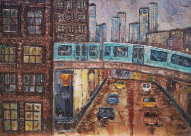 Painting titled "Métro New Yorkais" by Anne Gobin, Original Artwork, Acrylic Mounted on Wood Stretcher frame