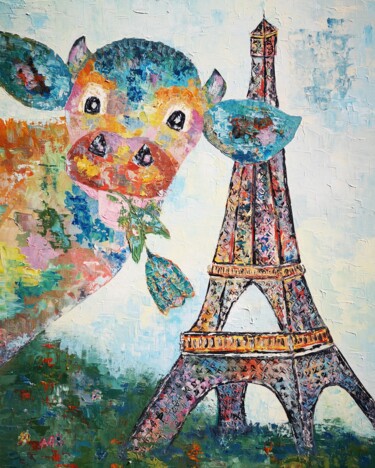 Painting titled "Une vache à Paris" by Anne Gobin, Original Artwork, Acrylic Mounted on Wood Stretcher frame