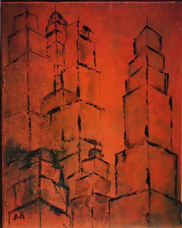 Painting titled "Building" by Anne Gobin, Original Artwork, Acrylic Mounted on Wood Stretcher frame