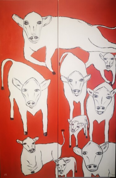 Painting titled "Vaches !" by Anne Gobin, Original Artwork, Acrylic Mounted on Wood Stretcher frame