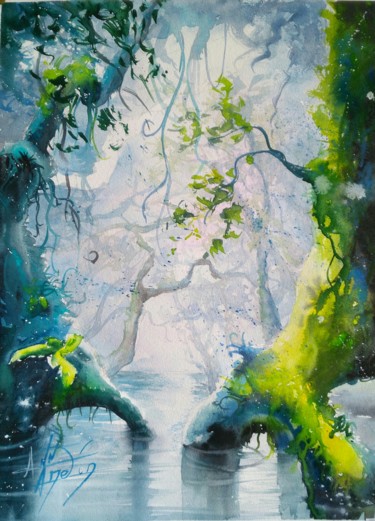 Peinture intitulée "Paisible marais" par Anne Hamelin, Œuvre d'art originale, Aquarelle