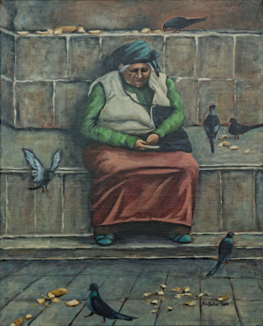 Painting titled "The Pigeon Lady" by Anne Heather Moore, Original Artwork, Acrylic
